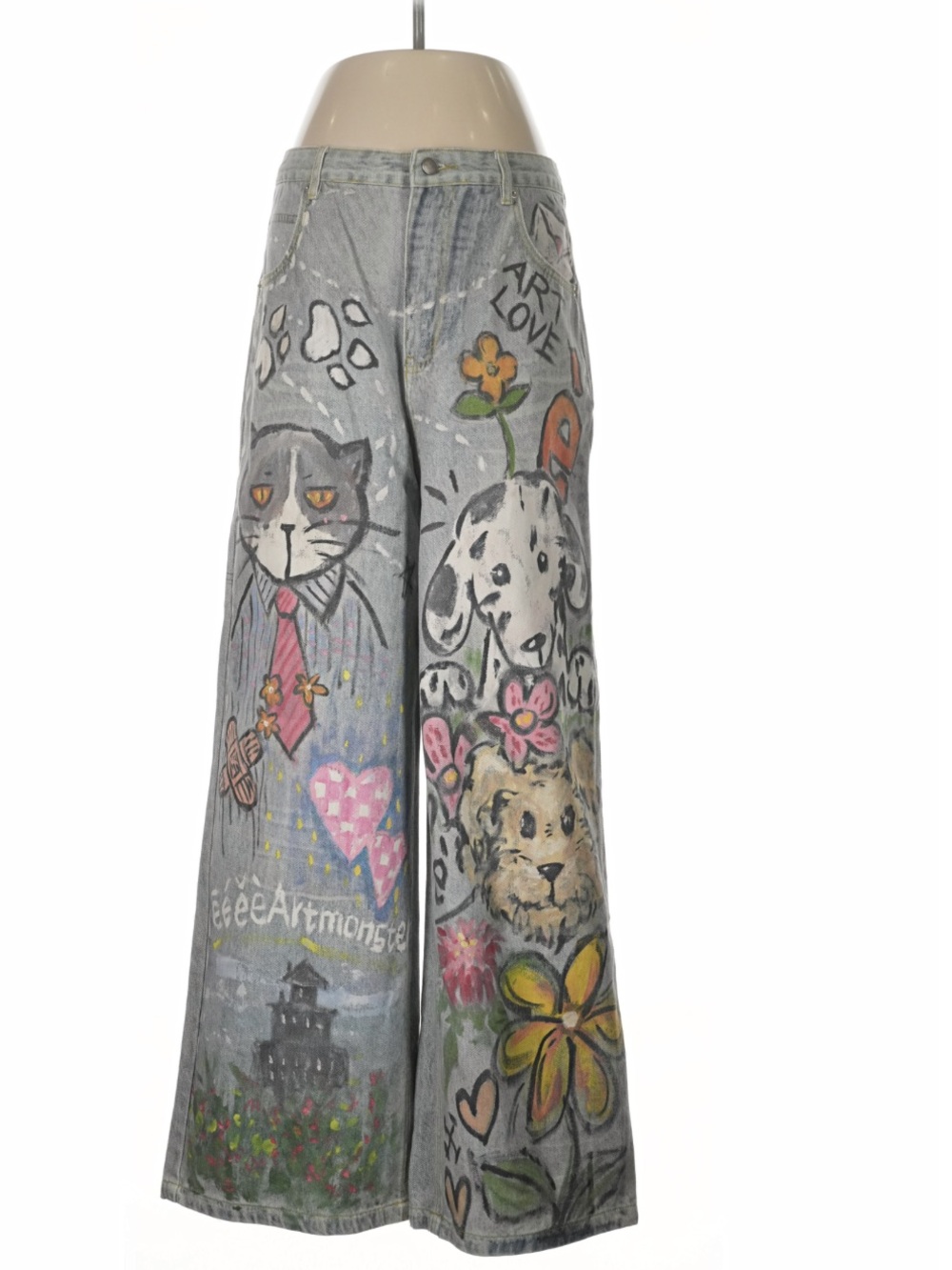 Unique "Hand Painted" Look Print Wide Leg Jeans 100% Cotton Animal Art Denim